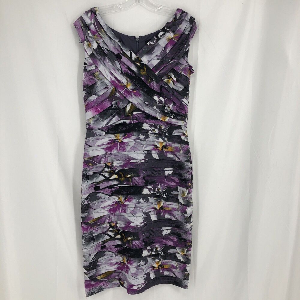 Adrianna Papell Tiered Floral Sheath Dress V-Neck Cap Sleeve Knee Zip 12